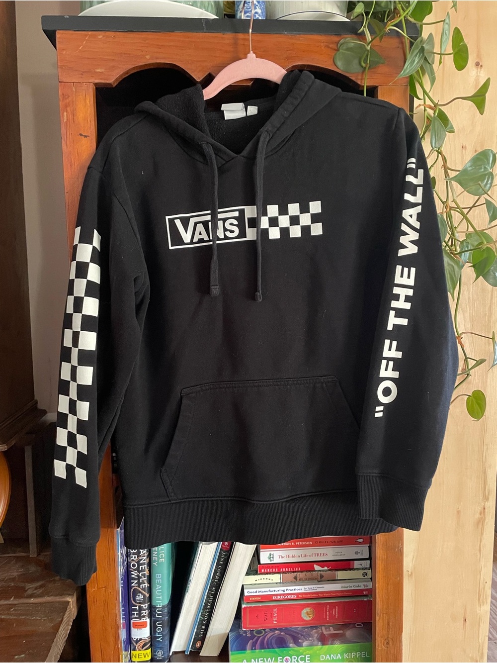 Vans Black Hoodie with White Checkerboard and 'Off The Wall' Sleeve
